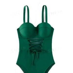 Lace Up Underwire One Piece Swimsuit Dark Green/M(6)